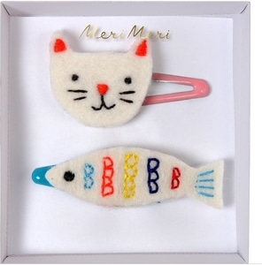 [MeriMeri] 메리메리 / 머리핀 /Embroidered Cat &amp; Fish Hair Clips